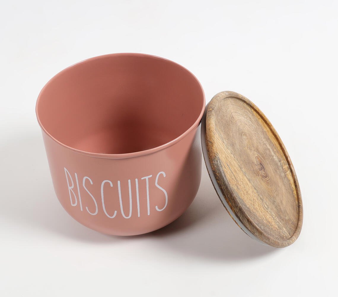 Matte-Pink Typographic Metal Canister with Wooden Lid