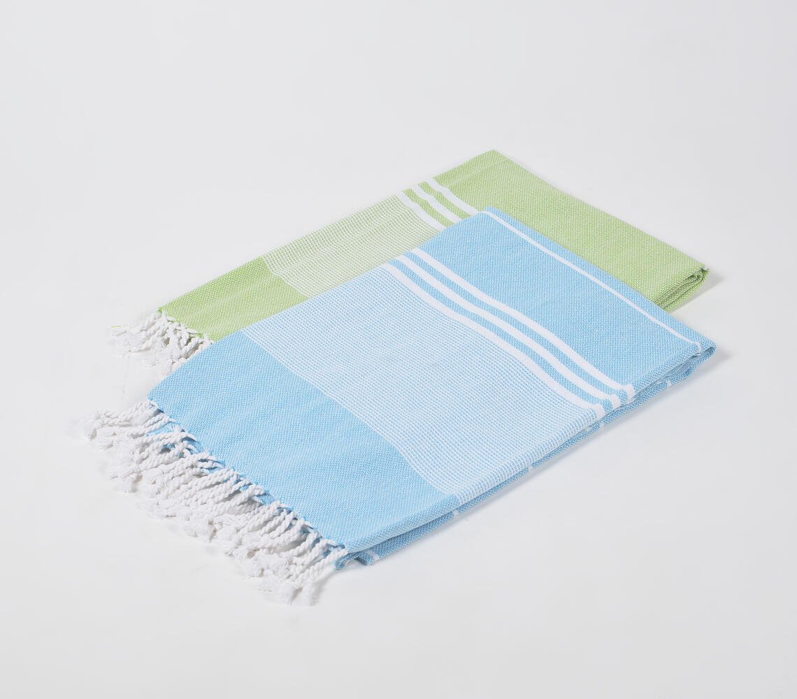 Handwoven Cotton striped Sky & Green Bath Towels (Set Of 2)