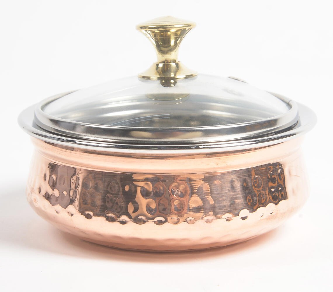 Hammered Copper & Steel rice Serving bowl with glass lid (large)