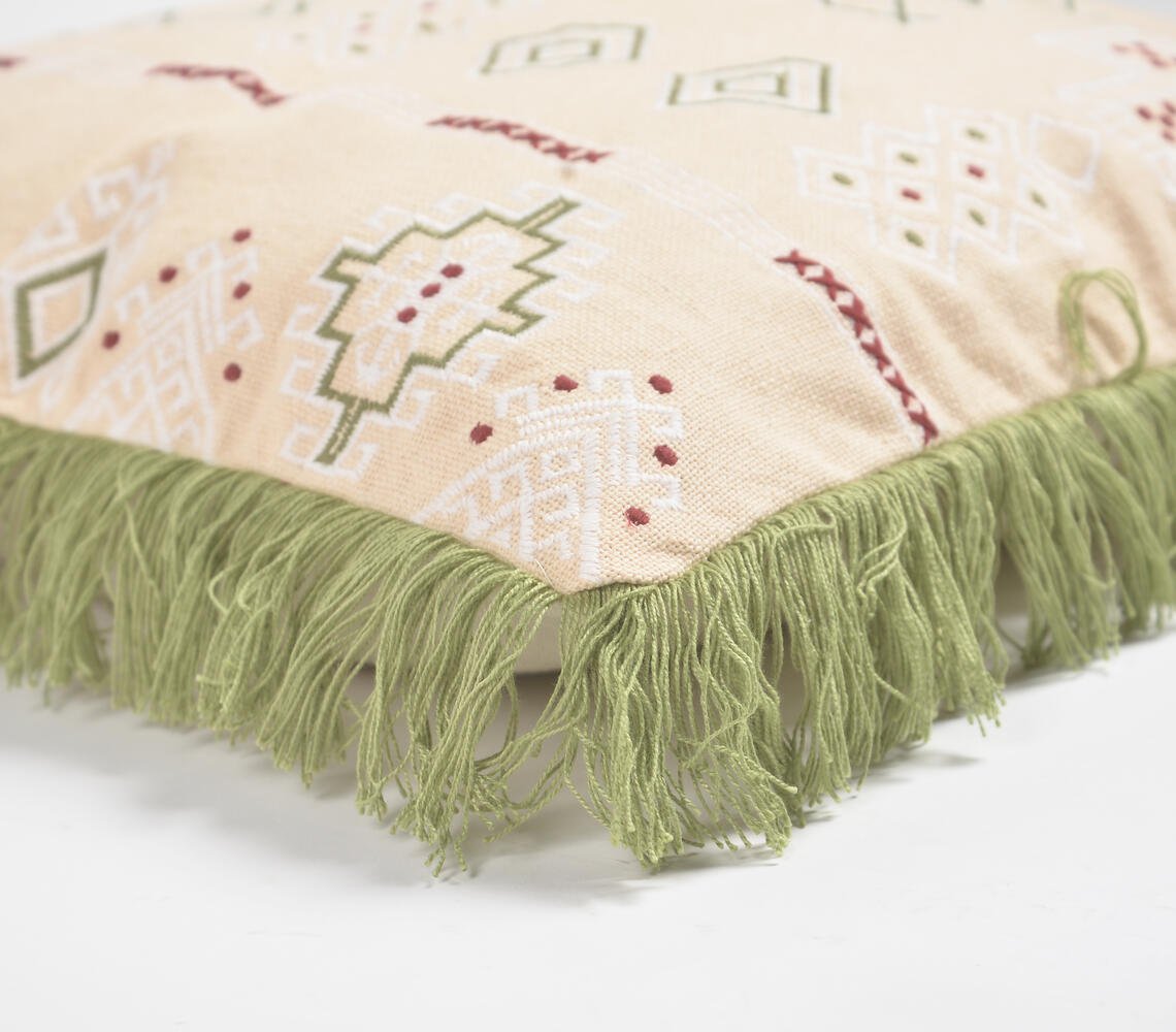 Embroidered Geometric Cushion Cover with Fringes