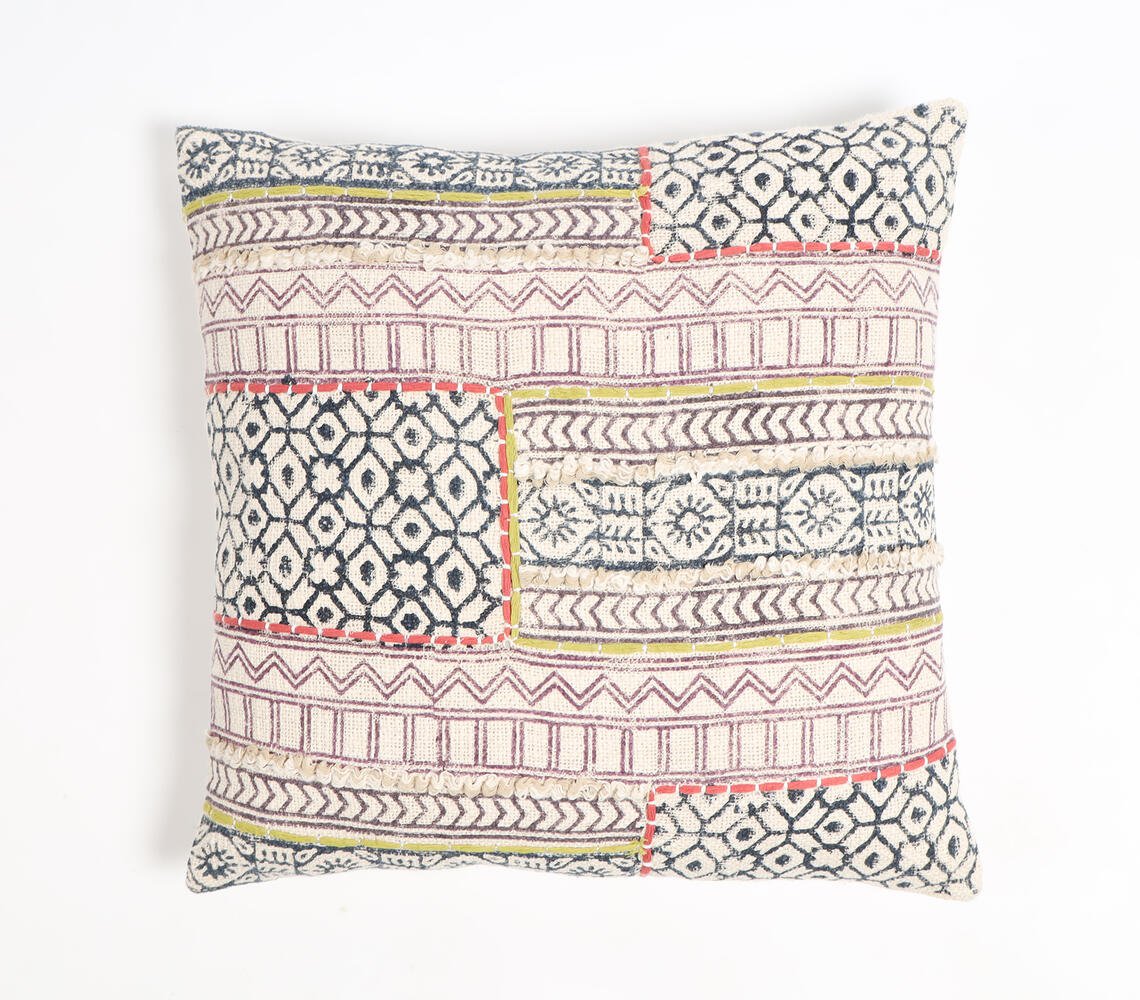 Block Printed Cotton Geometric Maximal Cushion Cover, 18 x 18 inches