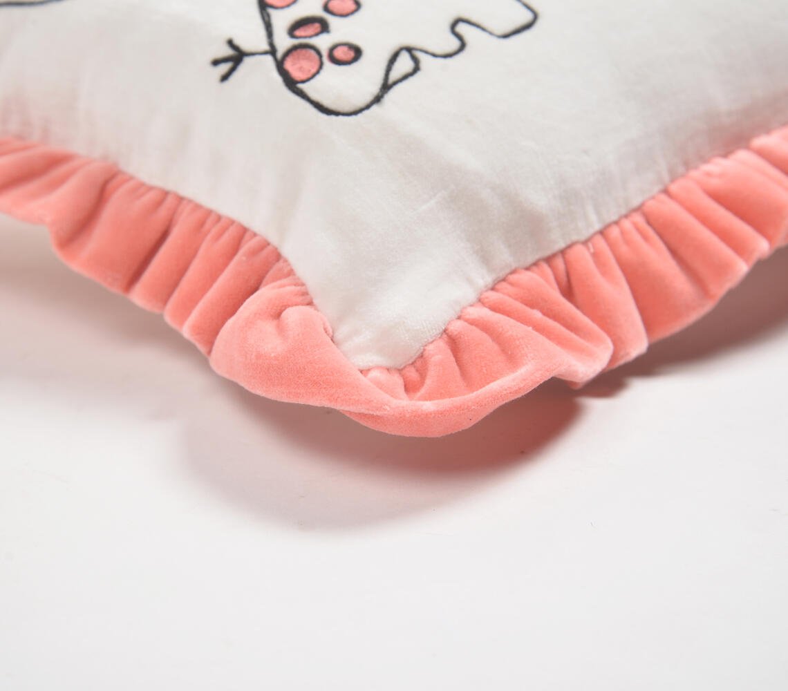 Embroidered Animal Love Cotton Cushion Cover with Ruffled Edges