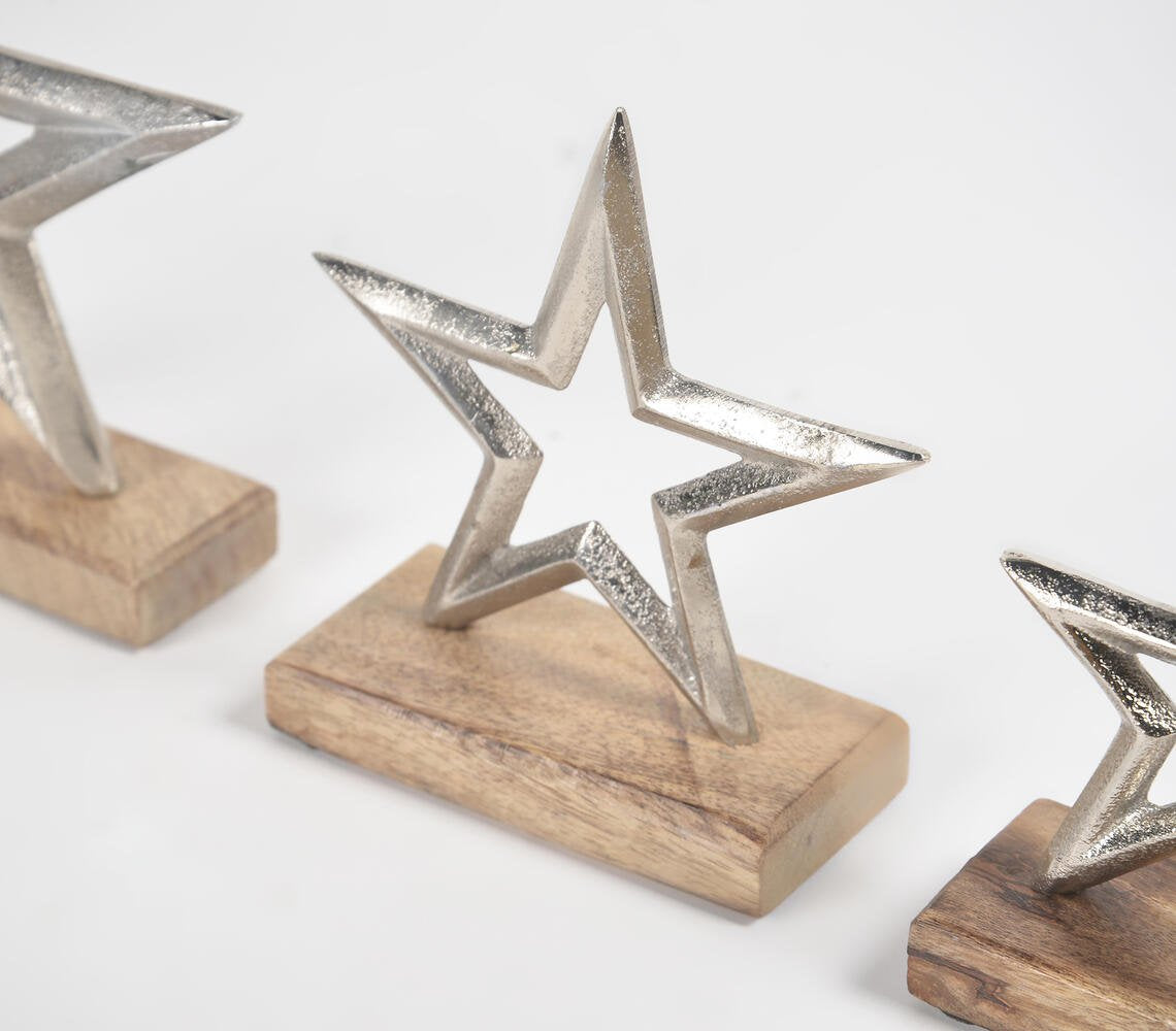 Iron Stars With Light Burnt Wooden Base (Set of 3)