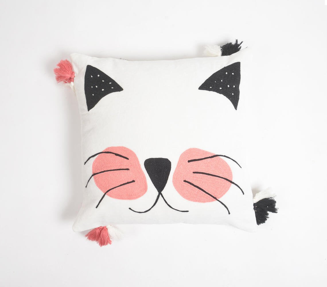 Embroidered Kitty Tasseled Cotton Cushion Cover