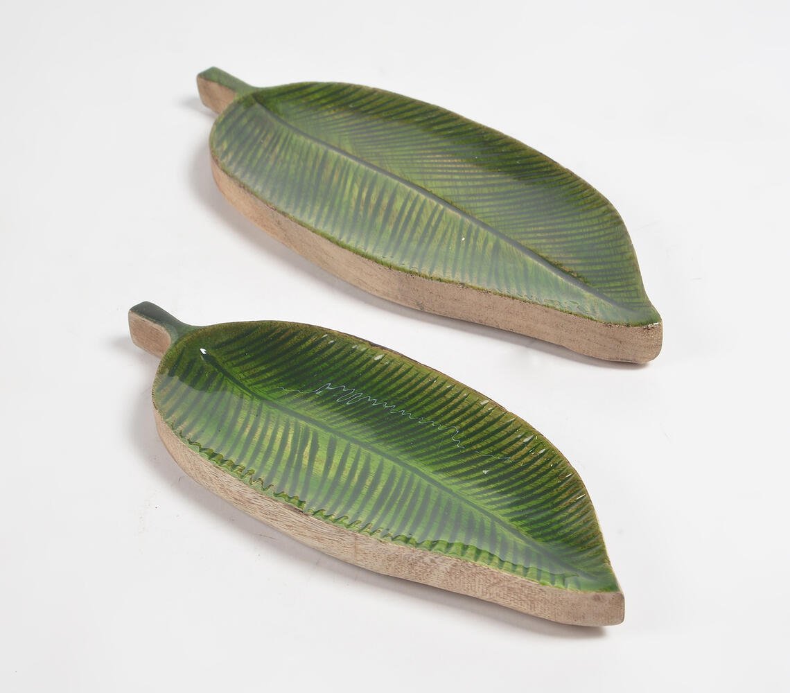 Enamelled Leaves Wooden Serving Trays (Set of 2)