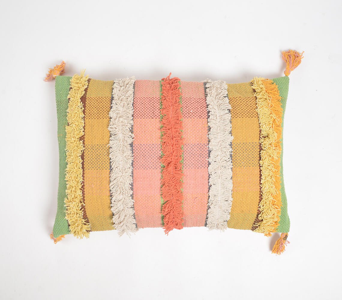 Hand Tufted Striped Cotton Tasseled Cushion Cover