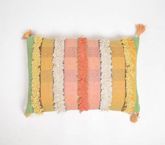 Hand Tufted Striped Cotton Tasseled Cushion Cover