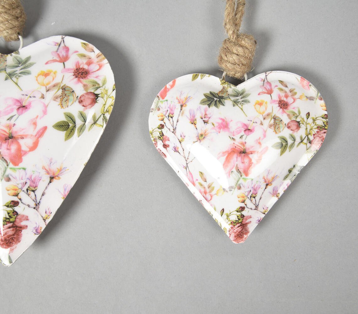 Floral Enamelled Iron Hanging Hearts (Set of 2)