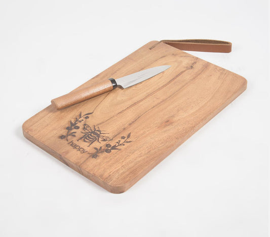 Hand Etched 'Bee Happy' Cutting Board with Leather Strap