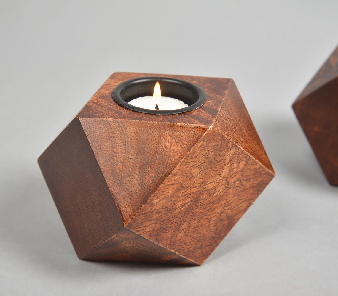 Geometric Hand Carved Rosewood Candle Holders (Set of 2)