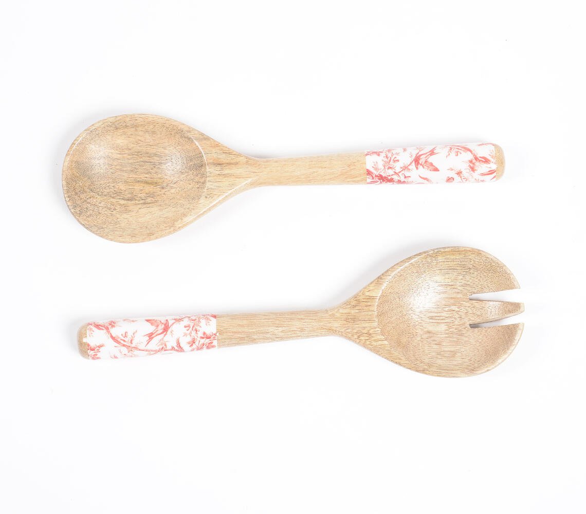 Enamelled Mango Wood Botanical Salad Servers Combo