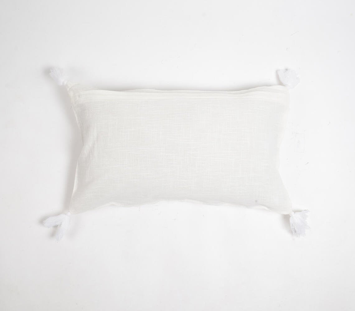 Dyed Monotone White Cotton Lumbar Tasseled Cushion Cover, 14 x 20 inches