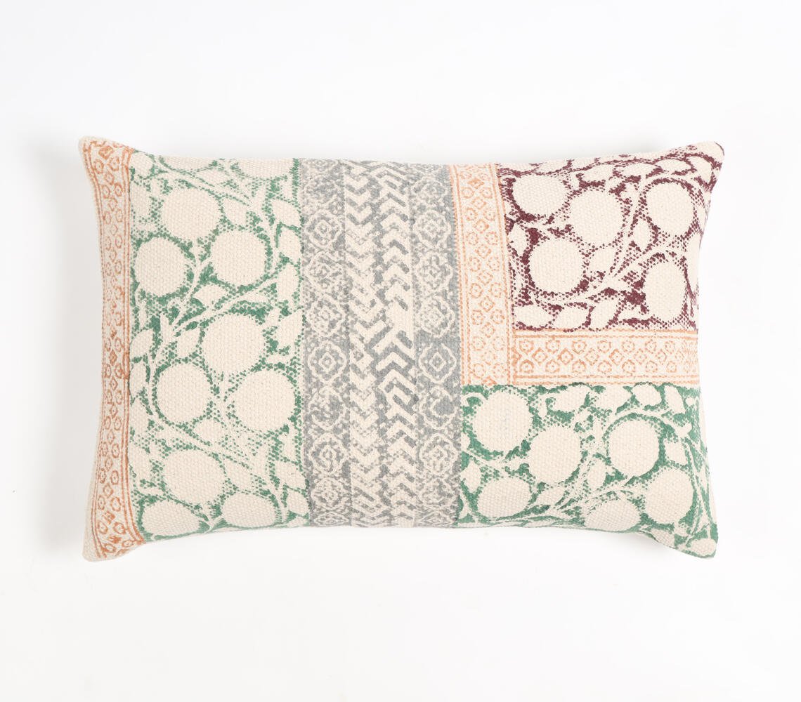 Block Printed Cotton Geometric Botanical Lumbar Cushion Cover, 20 x 14 inches