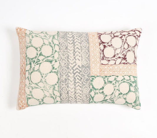 Block Printed Cotton Geometric Botanical Lumbar Cushion Cover, 20 x 14 inches