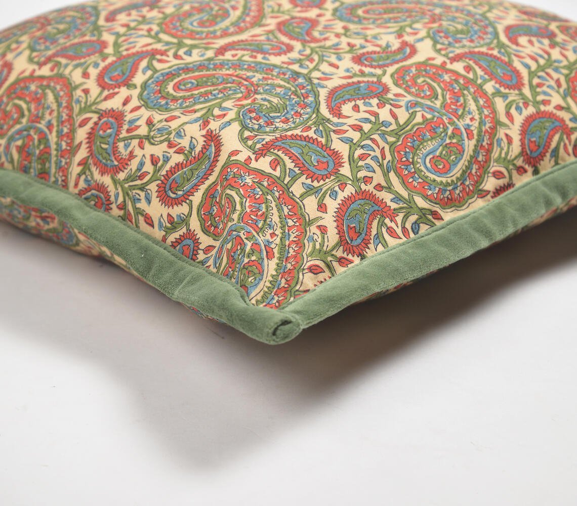 Paisley Printed Cotton Cushion Cover with Piped Border, 18 x 18 inches