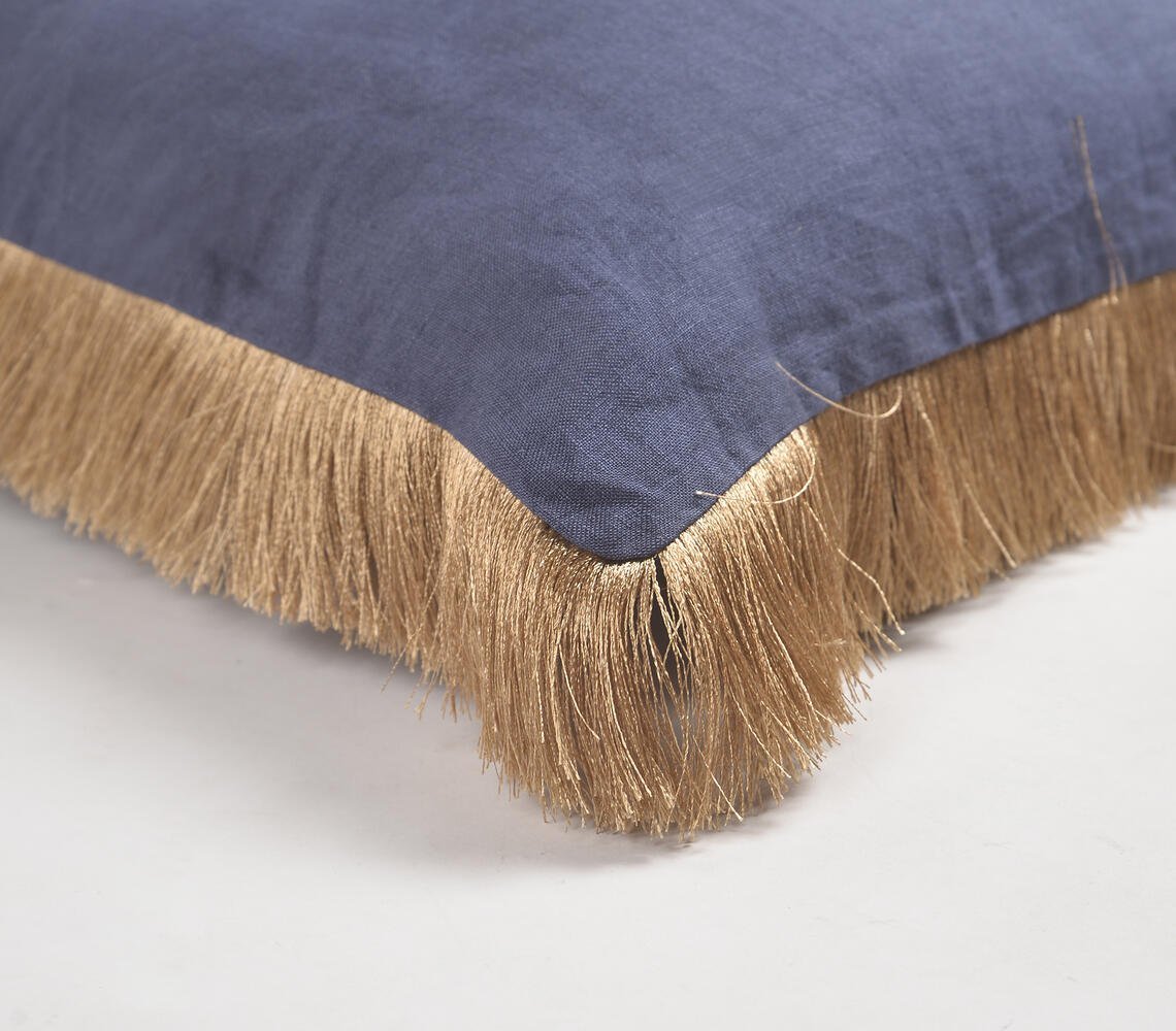 Solid Navy Cotton Linen Cushion Cover with Fringed Border, 18 x 18 inches