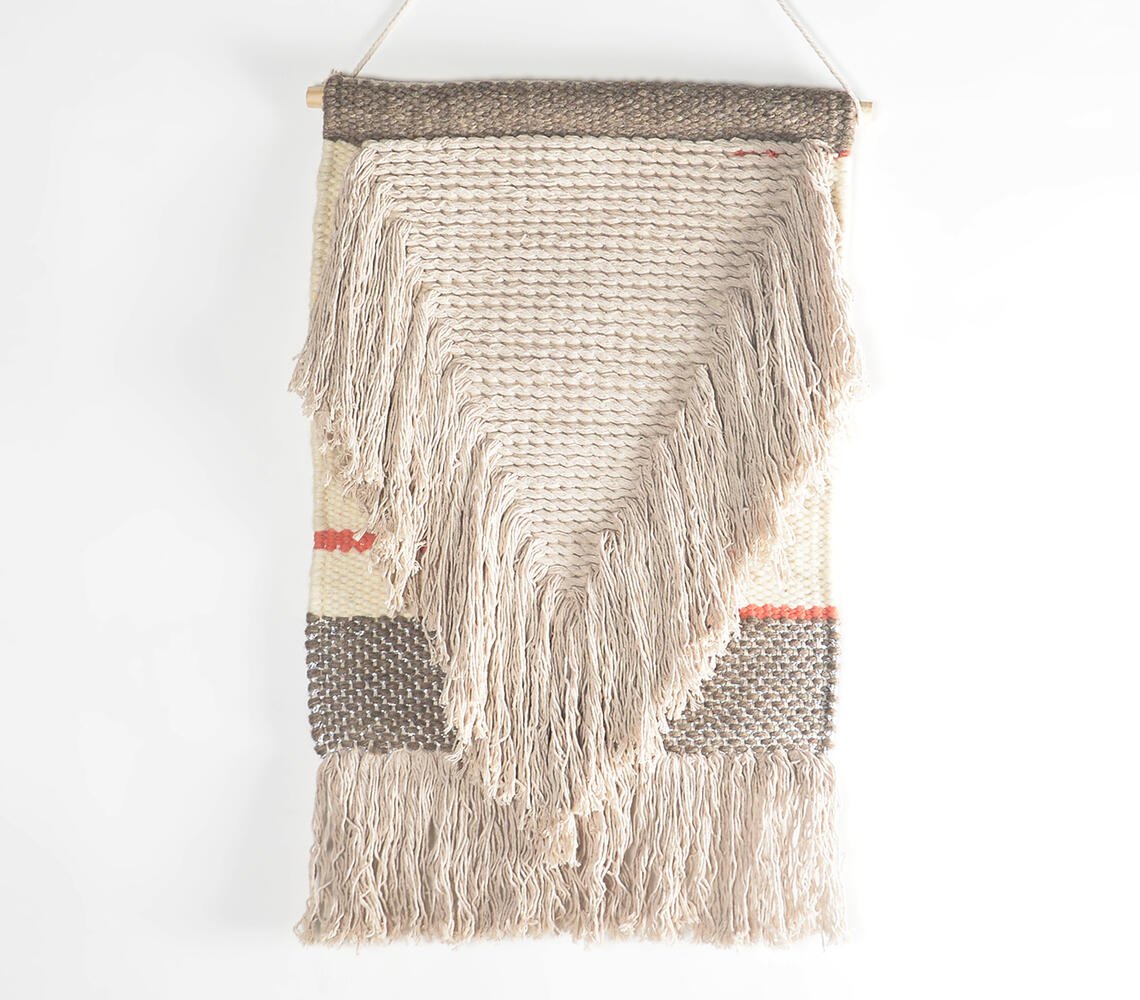 Fringed Neutral Handwoven Cotton & Wool Wall Hanging