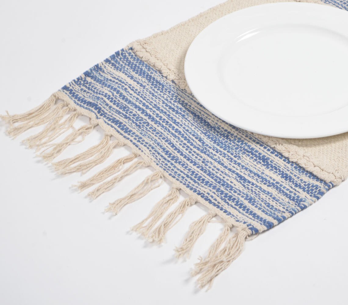 Handgeweven katoenen placemats met blauwe randen (set van 4)