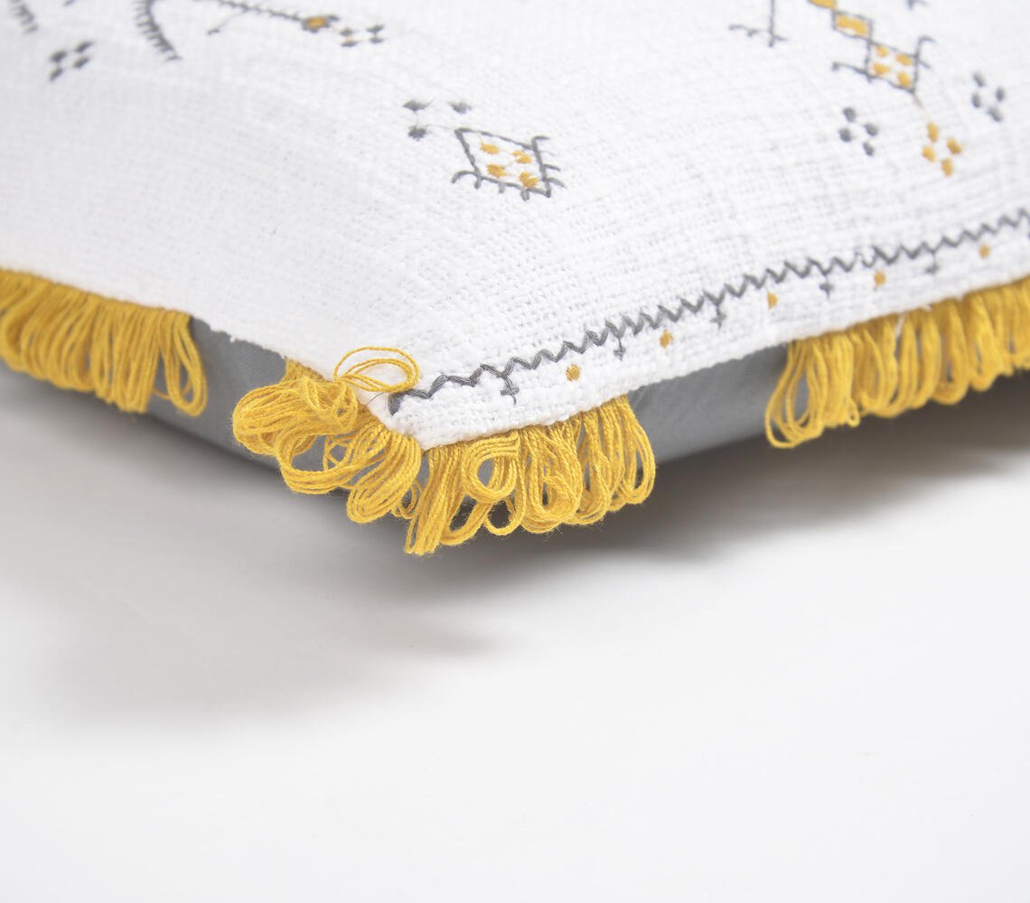 Embroidered Cotton Tribal Cushion Cover with Looped Fringes