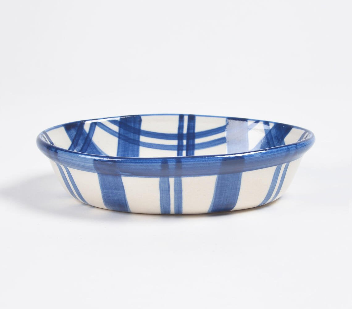 Indigo Plaid Ceramic Egg-Shaped Baking Dish