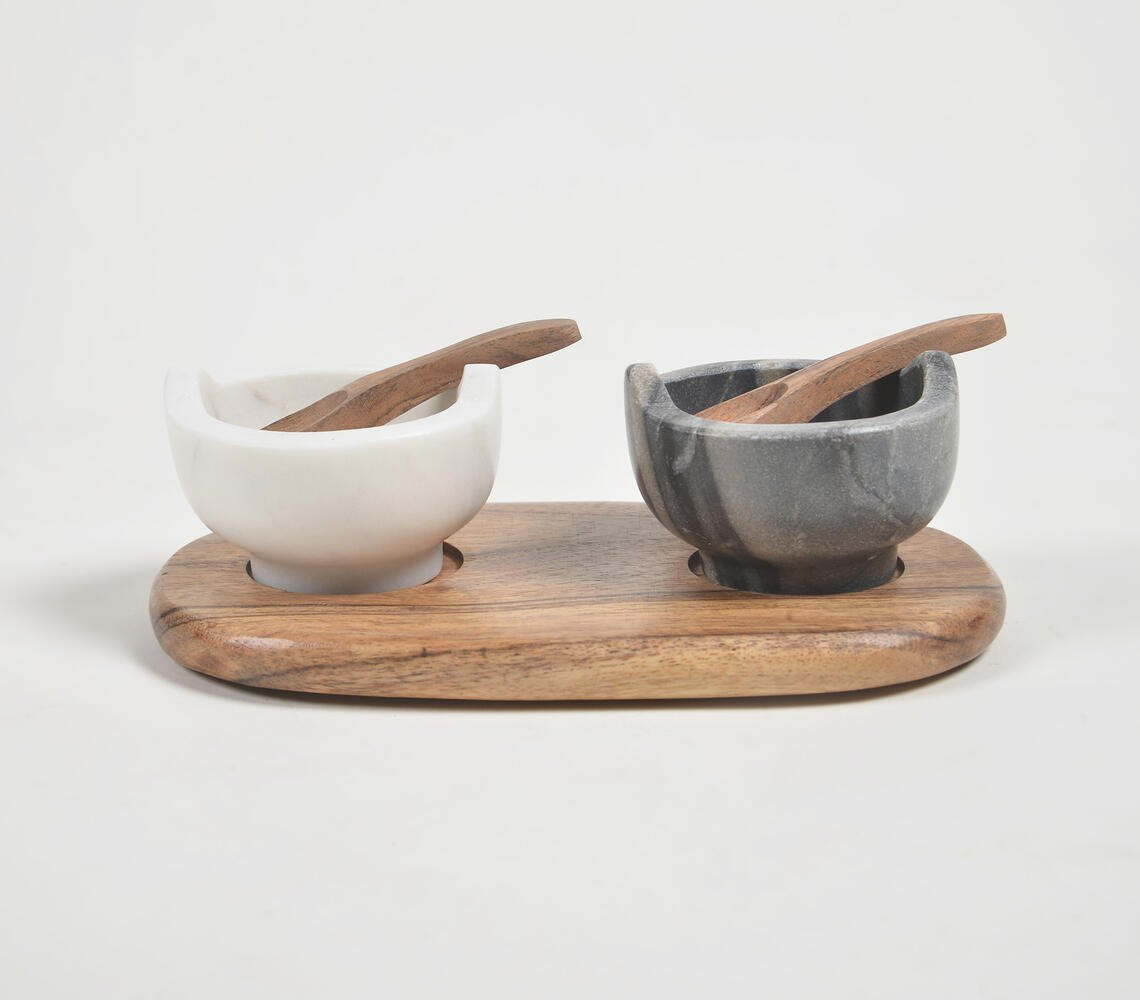 Set of Turned Marble Bowls With Acacia Wood Spoon & Tray