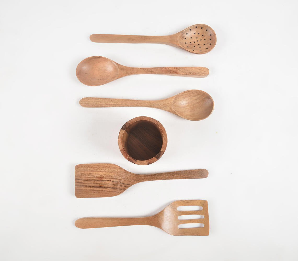 Set of 5 Acacia Wood Cooking Spoons with Jar