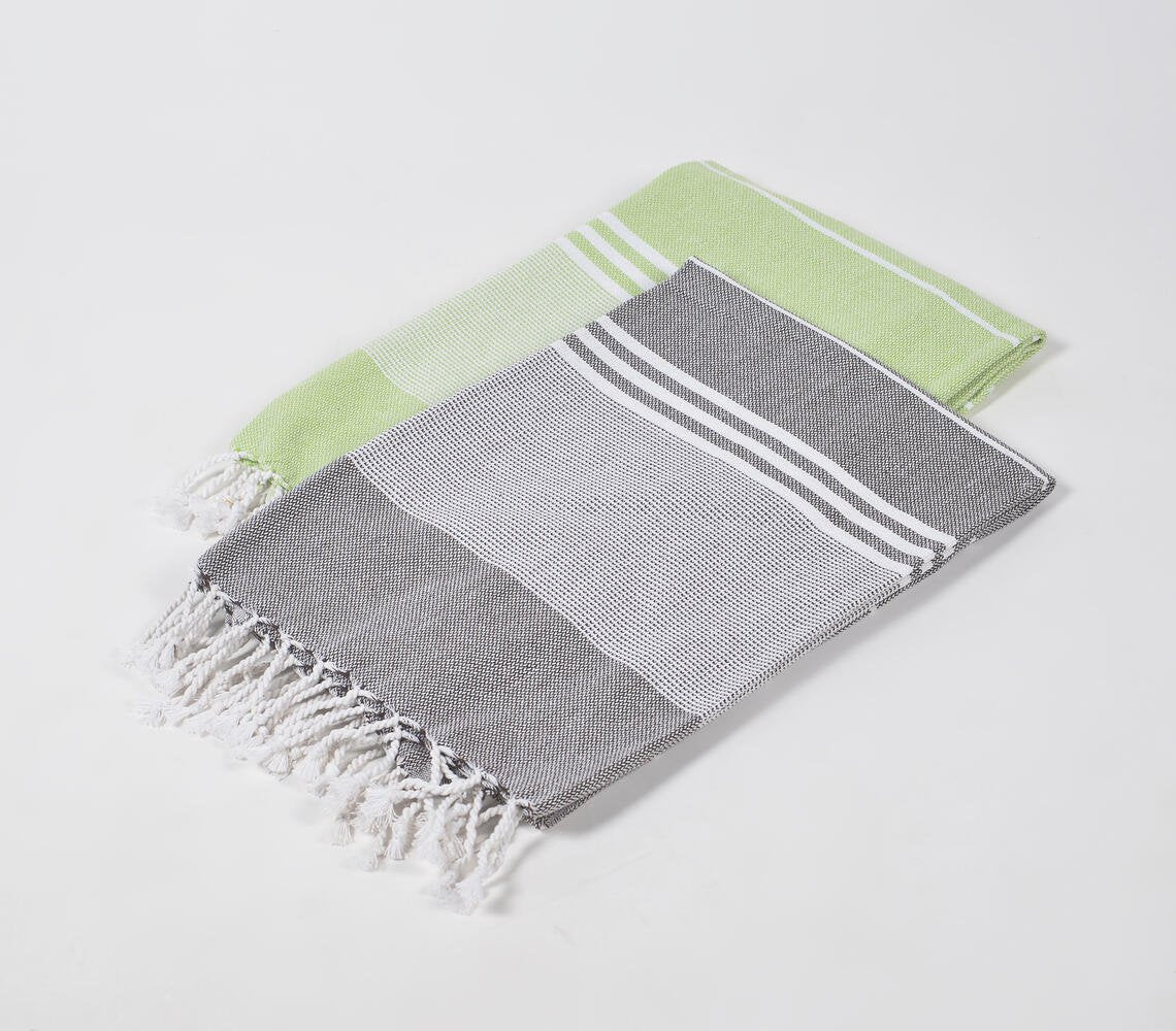 Handwoven Cotton striped Green & Ash Bath Towels (Set Of 2)