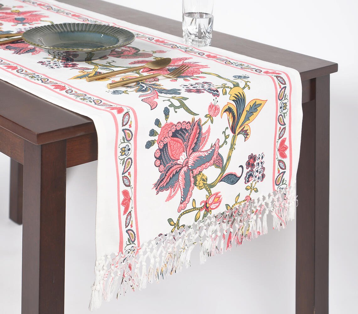 Floral Printed Cotton Table Runner with Tassels