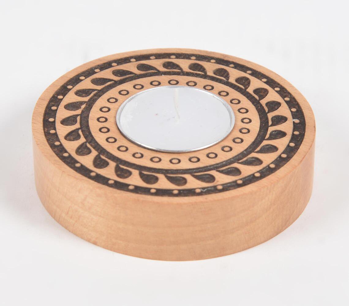 Hand Carved Wooden Mandala Tea light Holder