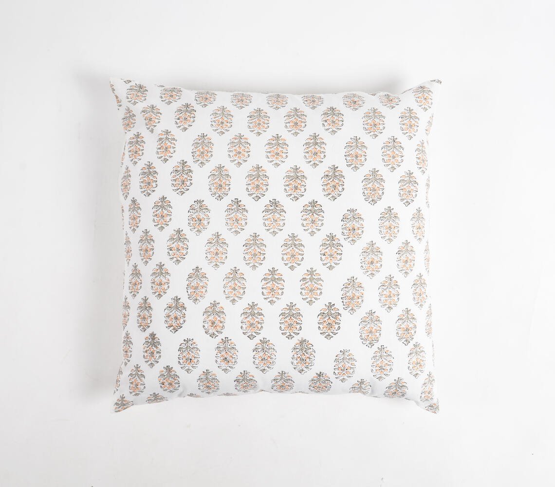 Flower Motif Block Printed Cushion Cover, 18 x 18 inches