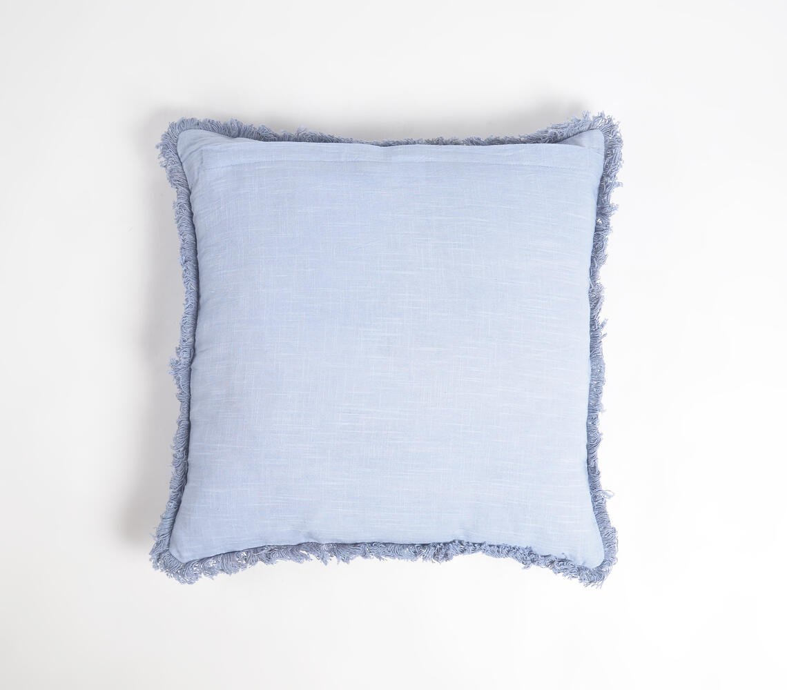 Solid Cotton Linen Powder Blue Cushion Cover with Frayed Edges, 18 x 18 inches