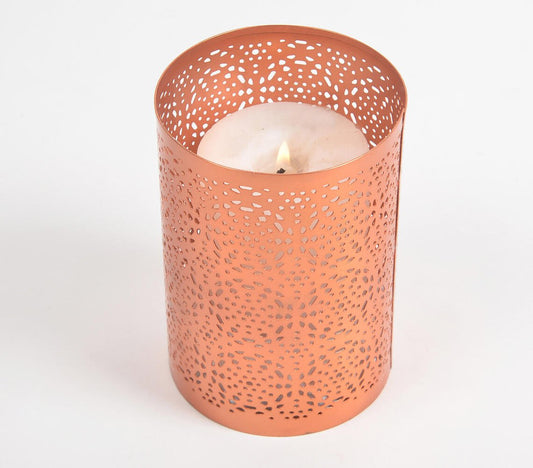 Honeycomb Jali Cut Rose-Gold Iron Candle Holder