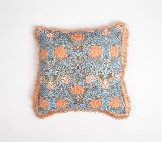 Floral printed & fringed Velvet Cushion Cover