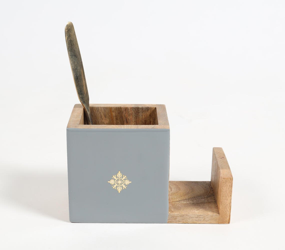 Enameled Mango Wood Grey Cutlery Holder