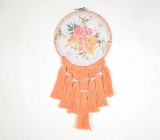 Vintage Rose Embroidery hoop Peach tasseled wall hanging