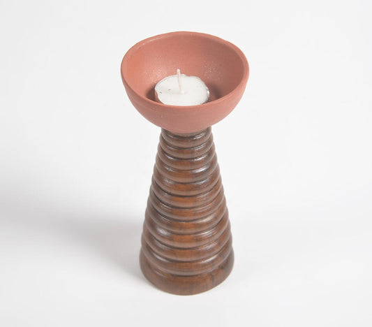 Ribbed Teak Wood & Terracotta Tealight