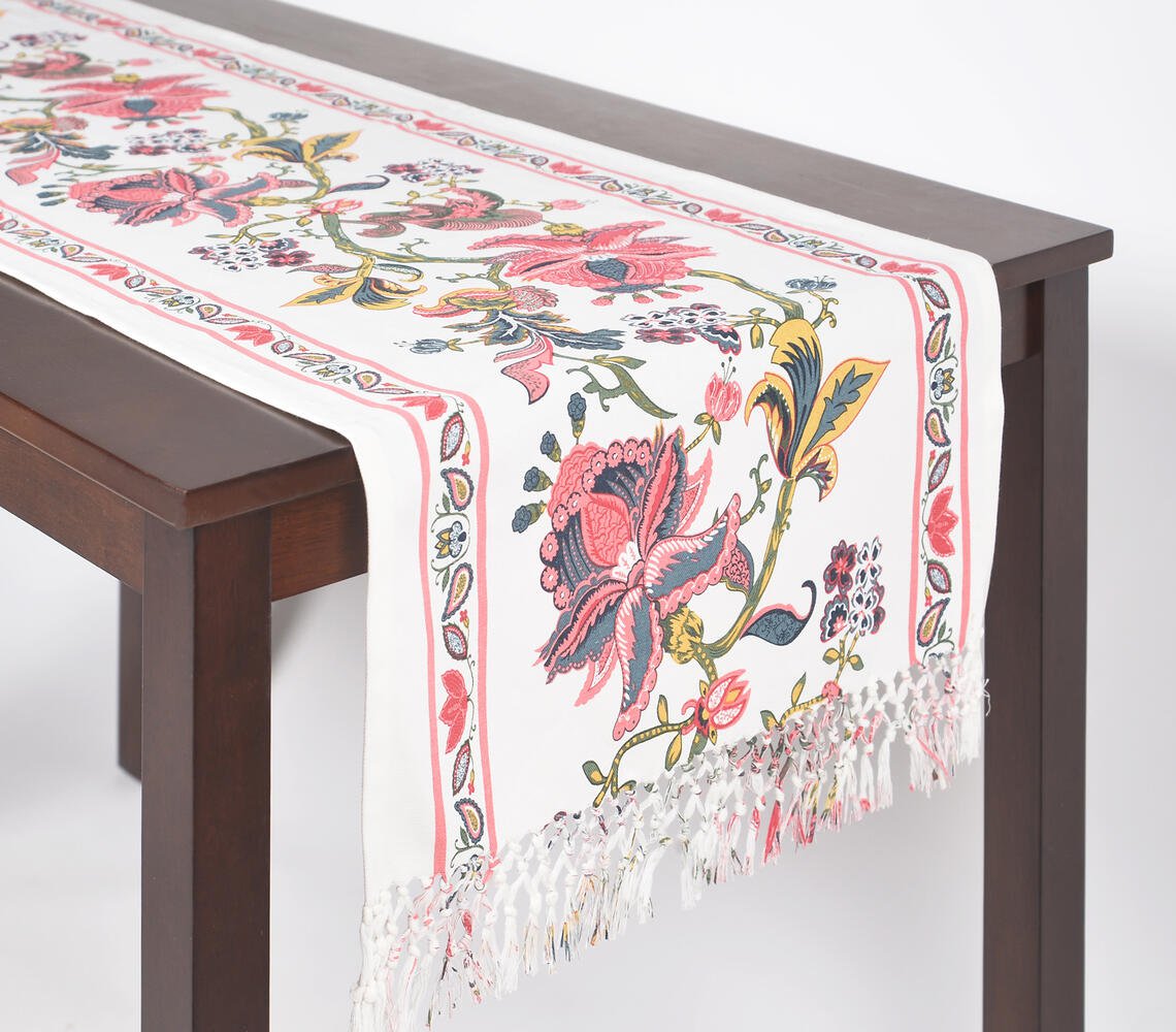 Floral Printed Cotton Table Runner with Tassels