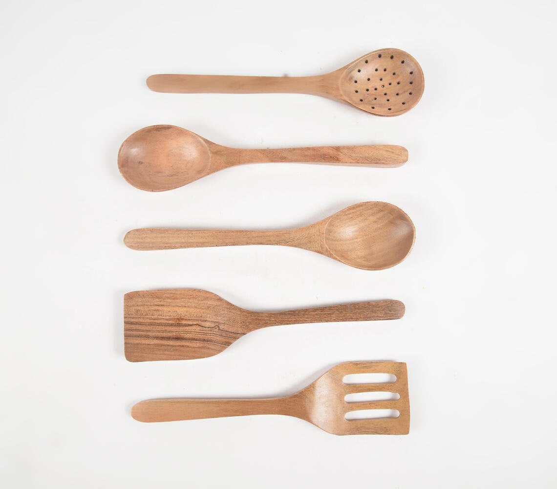 Set of 5 Acacia Wood Cooking Spoons with Jar