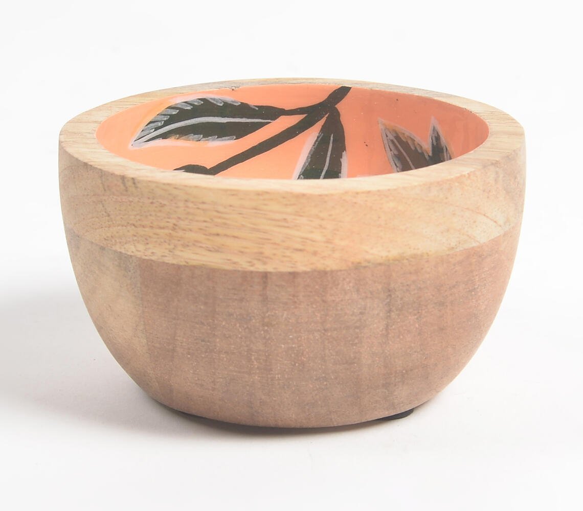 Tropical Leaves Orange Enameled & Turned Mango Wood Bowl