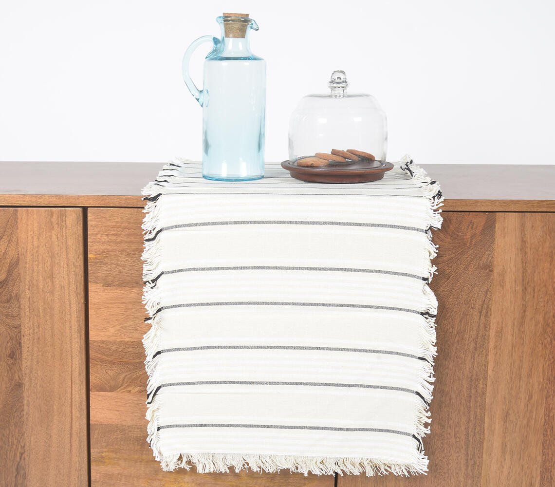 Pinstriped Cotton Table Runner with Frayed Border