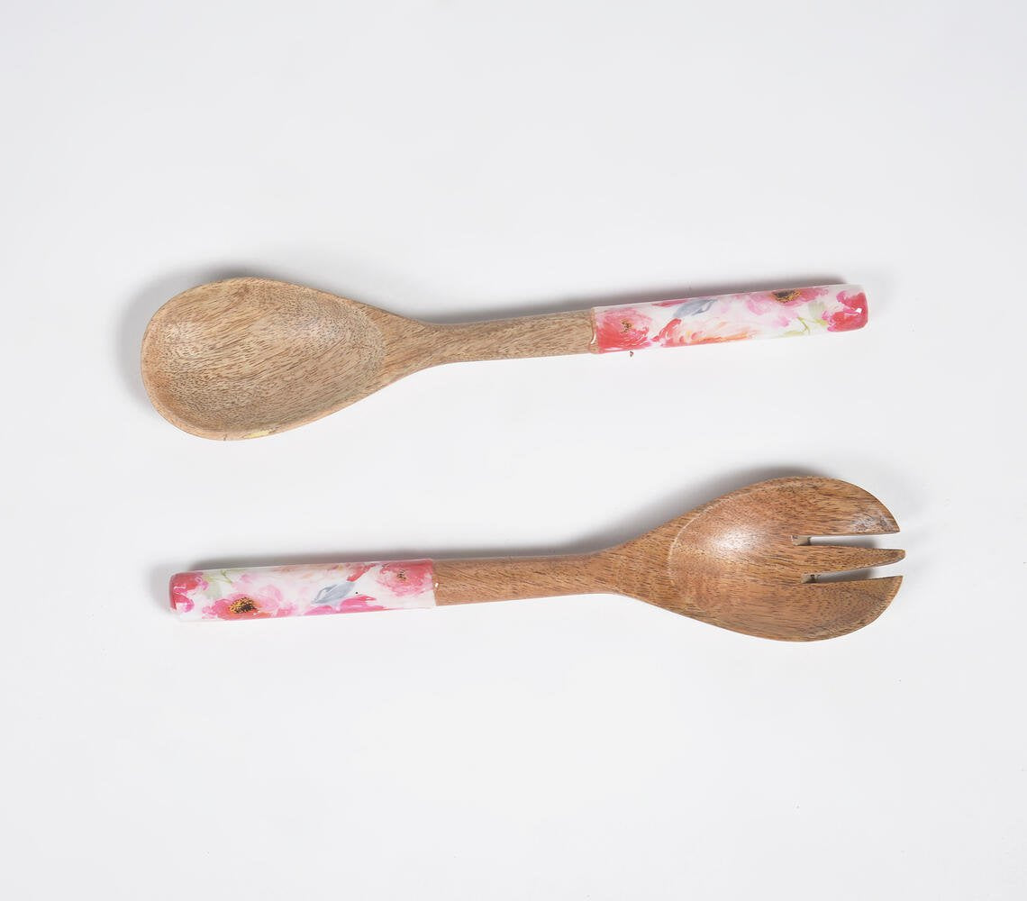 Enamelled Wooden Salad Serving Spoons