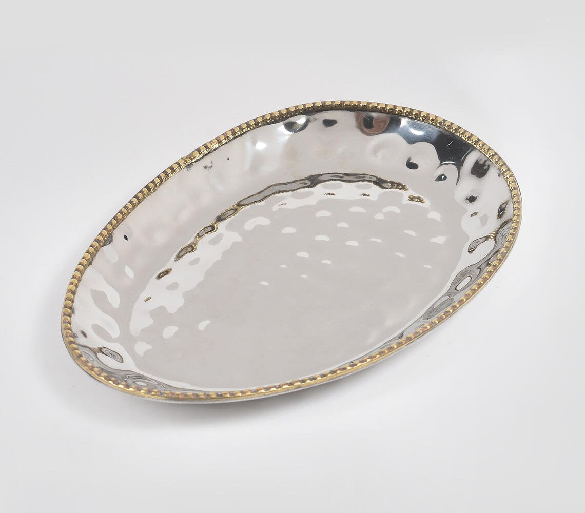 Hand Beaten Silver-Toned Iron Egg-Shaped Serving Trays (set of 2)