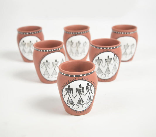 Hand Painted Warli Terracotta Clay Glasses (Set of 6, 175 ml)