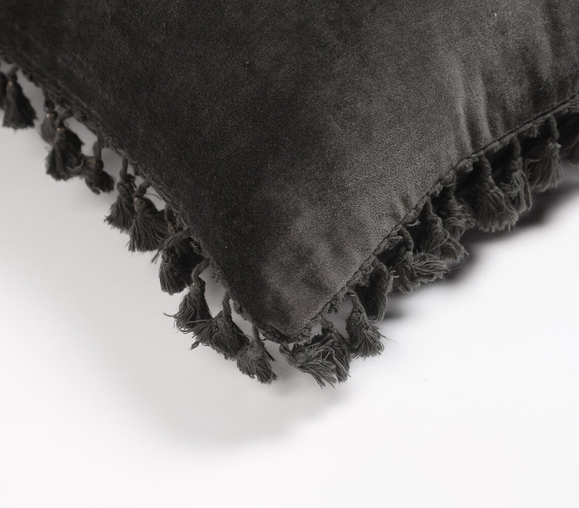 Solid Velvet Cotton Cushion Cover with Border Fringes, 18 x 18 inches