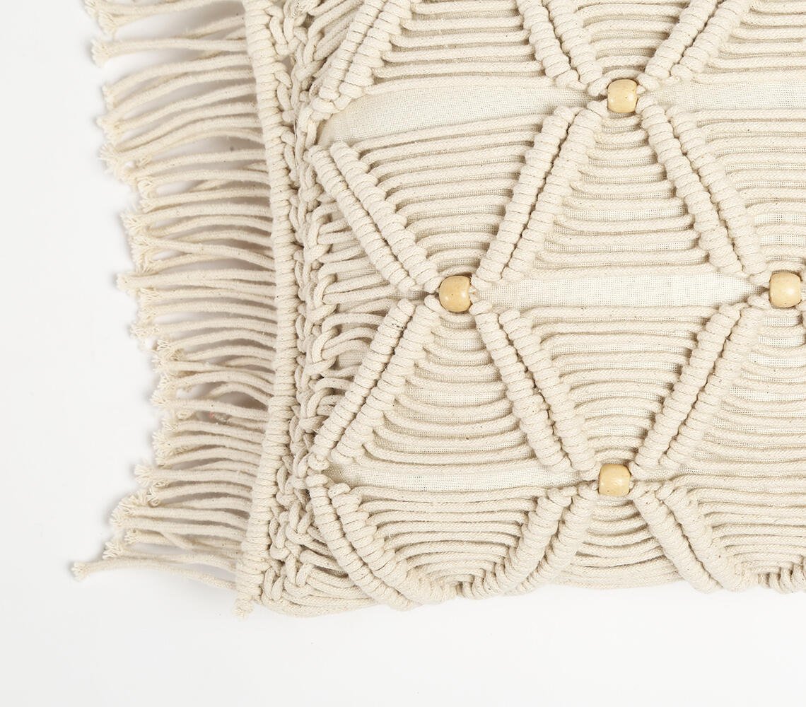 Macrame Fringed & Beaded Lumbar Cushion Cover