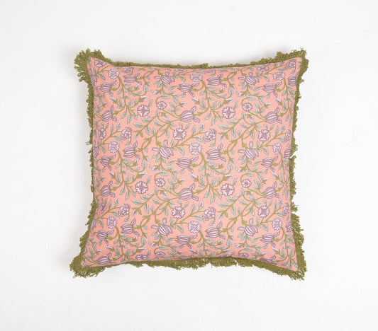 Floral Pink Cotton Cushion Cover with Olive Fringes, 18 x 18 inches