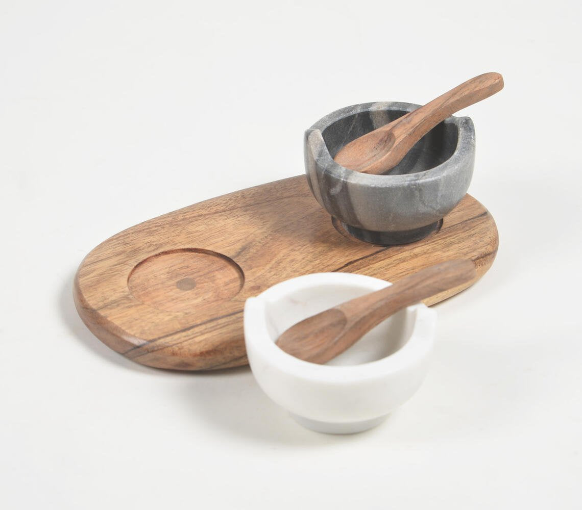 Set of Turned Marble Bowls With Acacia Wood Spoon & Tray