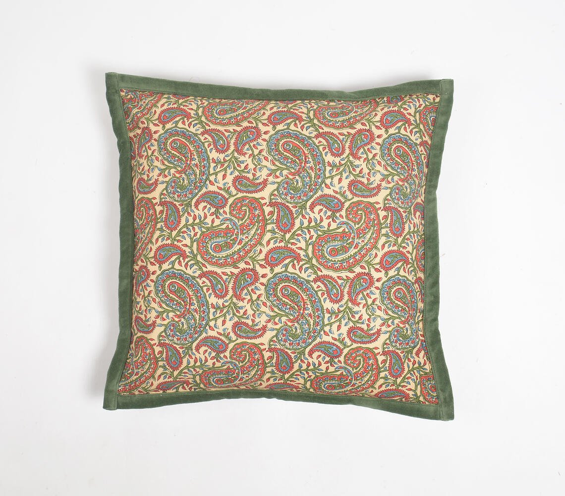 Paisley Printed Cotton Cushion Cover with Piped Border, 18 x 18 inches