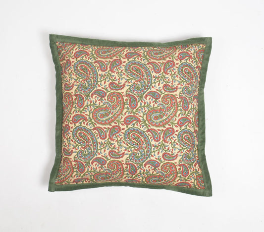 Paisley Printed Cotton Cushion Cover with Piped Border, 18 x 18 inches