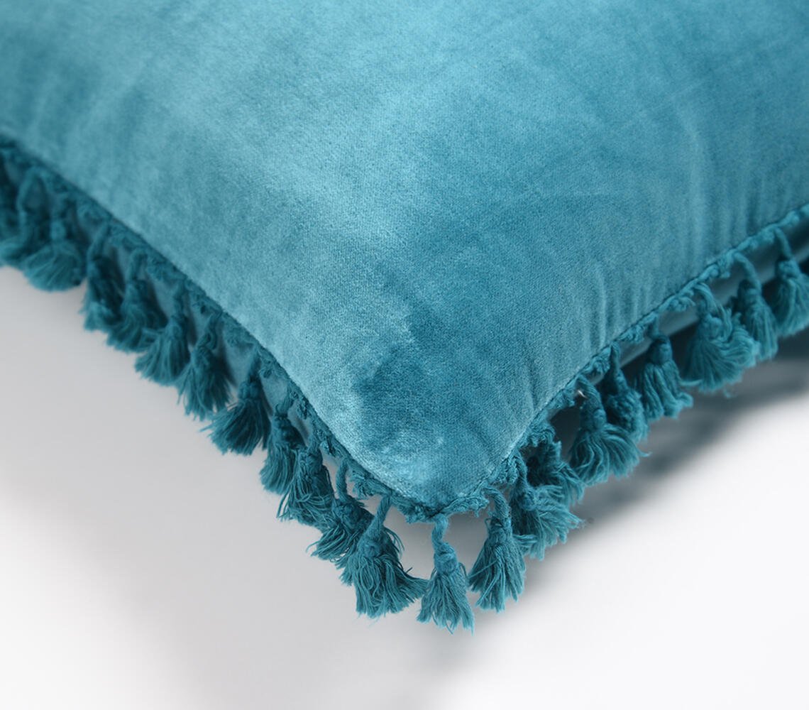 Solid Blue Velvet Cotton Cushion Cover with Border Fringes, 18 x 18 inches